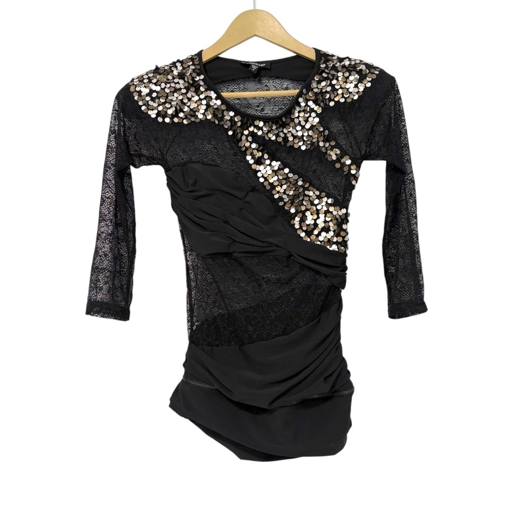 Vintage Y2K Bebe Size XS Black Lace Sequin 3/4 Sleeve Top Party Club Dance